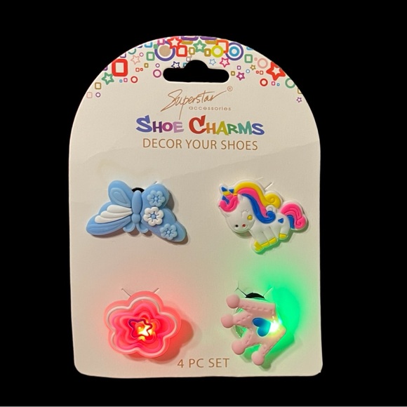 Light Up Shoe Croc Charms Set of 4 Unicorn, Butterfly, Flower & Crown - Picture 3 of 3
